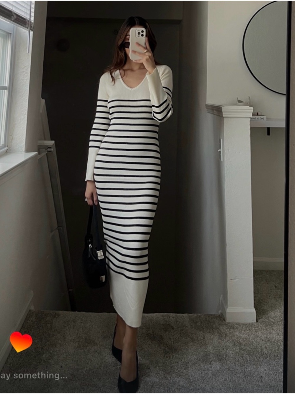 Commense Cream and Black Striped Maxi Rib Knit Dress